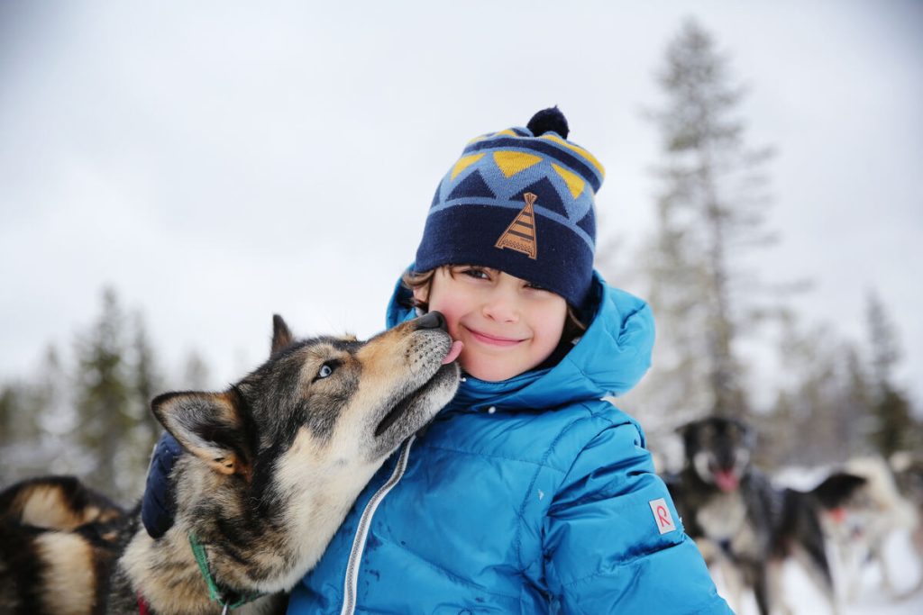 Winterurlaub in Finnland - Husky und Kind im Winter